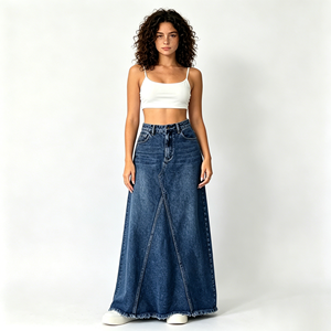<span class=keywords><strong>Jupe</strong></span> longue en jean <span class=keywords><strong>taille</strong></span> <span class=keywords><strong>haute</strong></span> asymétrique coupe trapèze pour <span class=keywords><strong>femme</strong></span> 2026 avec ourlet brut, <span class=keywords><strong>jupe</strong></span> décontractée bleue délavée personnalisée - Product Image 4