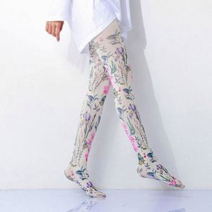 Collant a compressione 20 denier con stampa floreale dipinta a mano cinese per ragazze, ideali per sport invernali in montagna e al mare, collant di design - Product Image 3