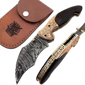 Cuchillo de bolsillo plegable con mango de acero de Damasco OEM personalizado, hoja recta con punta caída, hecho a mano, para caza, camping, supervivencia y uso general. - Product Image 1