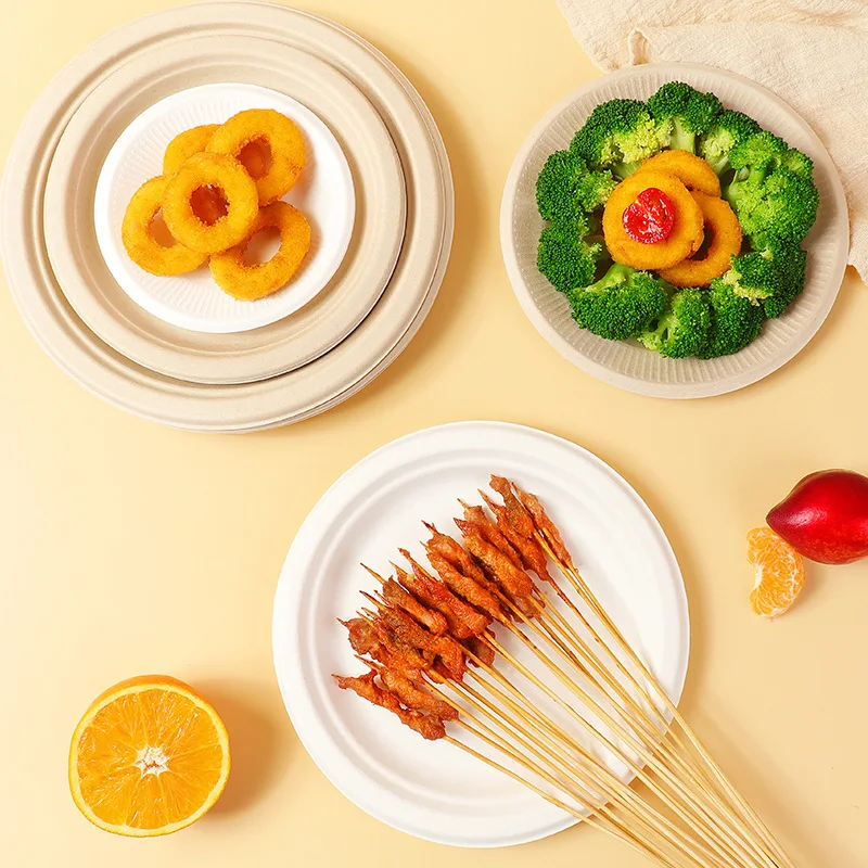 Biodegradable Disposable Paper Plates Bowls Sugarcane Pulp Waterproof Microwave Safe Light Luxury Style Thickened for Outdoor