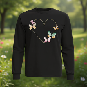 T-shirt a maniche lunghe con farfalla colorata e cuore, nera, per adulti, unisex - Product Image 3