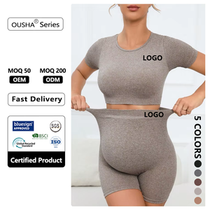Ensemble de yoga respirant et à séchage rapide <span class=keywords><strong>pour</strong></span> femmes enceintes, haut élastique, short de sport à manches courtes, deux pièces, devant - Product Image 1