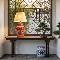 Lampe de table style Hampton, chinoiserie rouge et blanche, pot à gingembre avec scène peinte à la main, pour chambre de ferme ou table de chevet