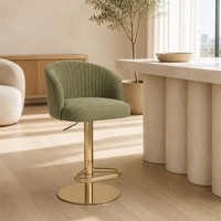 Tabouret de bar moderne en velours à hauteur réglable avec dossier incurvé, base pivotante en métal doré et repose-pieds pour salle à manger/salon