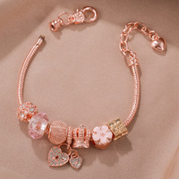 Bracelet à breloques en chaîne serpent or rose, fleur rose, double cœur, strass, perles, bracelets DIY, bijoux de mode pour femmes, cadeau