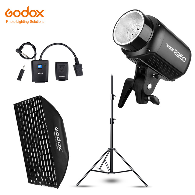 Godox E250 250Ws Studio Flash Strobe Light Set Photo Shooting 50 X 70cm Grid Softbox 180cm Light Stand AT-16 Trigger Flash Kit