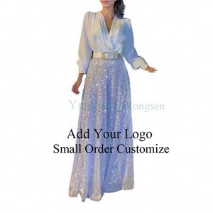 Ensemble <span class=keywords><strong>pantalon</strong></span> et chemise pour femme, chemise à col en V, couleur unie, manches longues, <span class=keywords><strong>pantalon</strong></span> à jambes larges à paillettes, ensemble <span class=keywords><strong>pantalon</strong></span> pour femme - Product Image 3