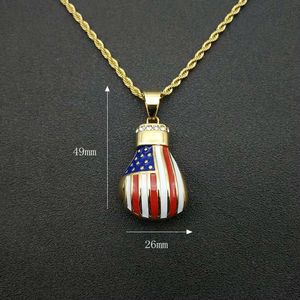 Hip Hop <b>Boxing</b> <b>Glove</b> <b>Pendant</b> Necklace American Flag Design Gold Plated Stainless Steel Chain Gift Jewelry - Product Image 2