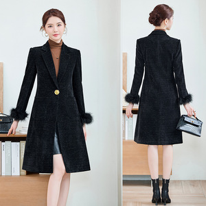 Women's Wool Trench Coat Black Long Elegant High-End Corduroy Thickened Warm Coat - Product Image 2