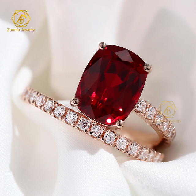 3CT 7x9mm Pigeon Blood LAB Ruby Ring LAB Sapphire Gemstone Women Long Cushion Ring 18K  Rose Gold for Party Noble