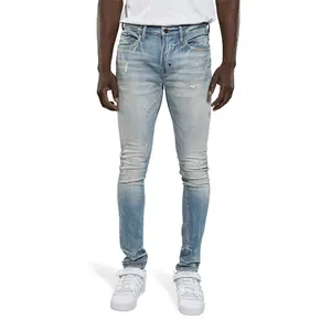 DiZNEW grosir desainer kualitas tinggi kustom elastis robek jeans denim kurus pria