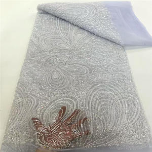 Haute qualité français Tulle dentelle <span class=keywords><strong>tissu</strong></span> respirant brodé africain maille Net paillettes tricoté mariée robe de soirée de mariage trame - Product Image 3