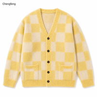 Cardigan en tricot à col en V jaune à carreaux rétro pour homme, manches longues, logo personnalisé OEM ODM