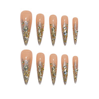 Lot de faux ongles longs à presser, forme Stiletto, gris, nude, rose, base argentée, avec pierres marquise dorées, pour nail art
