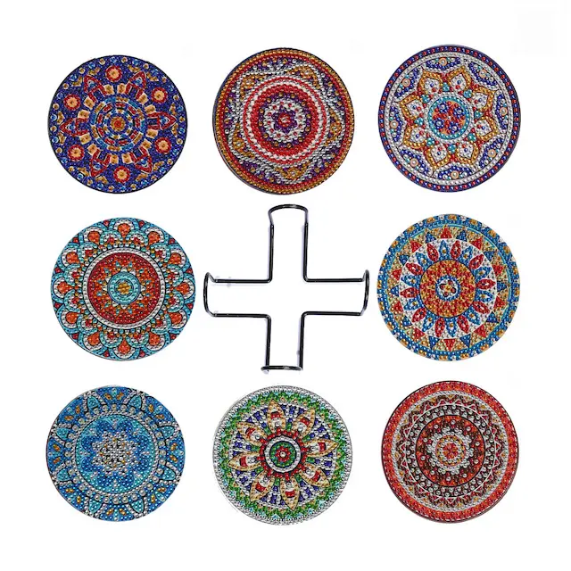 Thiết Kế Mới 8Pcs Kim Cương Sơn Đế Lót Ly Với Chủ Vòng Mandala DIY Nghệ Thuật Thủ Công Nguồn Cung Cấp Cho Nhà Bếp Cup Đế Lót Ly