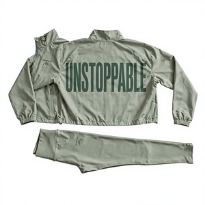 Ensemble de survêtement imperméable 2 pièces pour femme, col montant, veste zippée, pantalon long, vert sauge, style sportif, coupe ample - Product Image 1