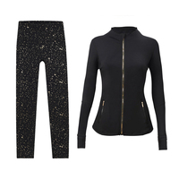 Jaket dan Legging Yoga Grosir untuk Lari, Gym, Yoga, Cepat Kering, Bernapas, dengan Ritsleting Emas, Set Pakaian Olahraga Atletik