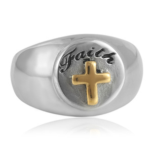 Bague croix bicolore pour homme en acier inoxydable, gravée avec la foi, bijoux religieux pour usage quotidien - Product Image 1
