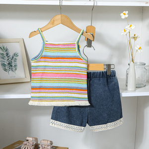 Conjunto de Ropa de Verano de Dos Piezas para Niñas de 4 a 7 Años, Estilo Casual, Shorts de Spandex/Poliéster, Top a Rayas sin Mangas, Uso Diario - Product Image 2