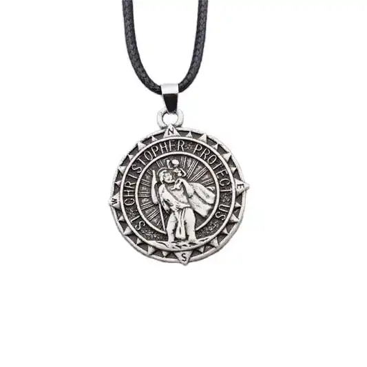 US Jewels Men's Large 925 Sterling Silver 32mm Saint Christopher High  Polished Medal Round Pendant 3.4mm Figaro Chain Necklace, 22in | Amazon.com