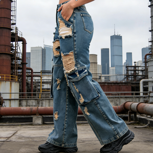Jean <span class=keywords><strong>baggy</strong></span> pour <span class=keywords><strong>femme</strong></span> High Street en coton/élasthanne respirant, avec plusieurs poches, en denim délavé, coupe large, style <span class=keywords><strong>cargo</strong></span> - Product Image 1