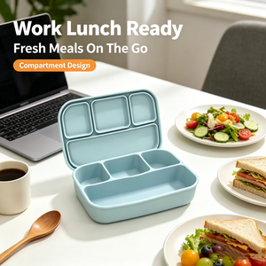 4 Compartment Silicone <b>Bento</b> <b>Box</b> Food Grade <b>Lunch</b> <b>Box</b> -40°C to 230°C Resistant No Odor Transfer Microwave Oven Dishwasher Safe - Product Image 1