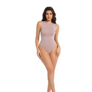 Women Seamless Breathable Crew Neck Racerback Sleeveless Yoga <b>Bodysuit</b> Slim Fit Hollow Short Length Shapewear Tank Top for Daily - Product Image 1