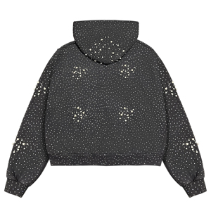 Sweat-shirt à capuche zippé pour homme, style urbain, noir uni, orné de strass et de perles, coupe oversize, décontracté, en coton tricoté respirant - Product Image 2