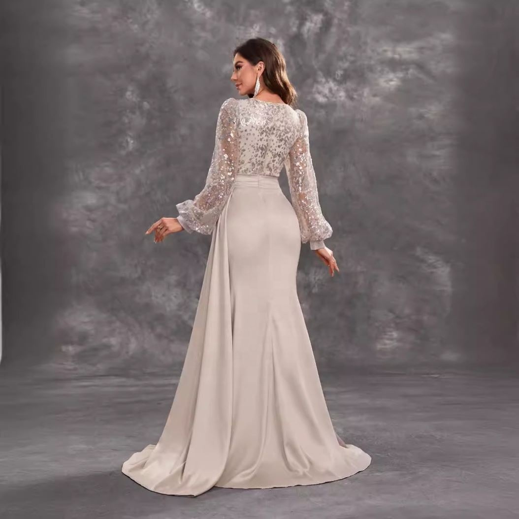 Satin V-neck Long Sleeve Elegant Evening Dress| Alibaba.com