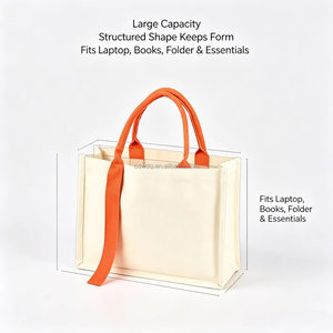 Sac fourre-tout en toile de coton laminée avec logo personnalisé imprimé et sangle orange, sac publicitaire promotionnel, sac de shopping promotionnel - Product Image 1