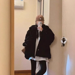 Black Faux Fur Hooded Coat Women Thick Winter Outerwear Solid Color Polyester Wadding Cardigan Style - Product Image 3