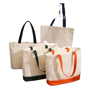 Wholesale Recyclable Plain Colorful Handheld Bottom Splicing 12oz Thick Cotton Canvas Shopping Tote <b>Bag</b> with Custom Logo Size - Product Image 1