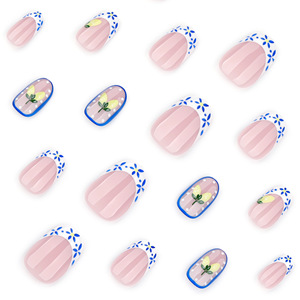 Faux ongles à presser Ovale, motif floral citron bleu, style French Manucure, peints à la main, réutilisables, longue tenue, pour l'été, <span class=keywords><strong>Nail</strong></span> <span class=keywords><strong>Art</strong></span> de vacances DIY - Product Image 3