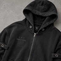 Sweat à capuche zippé court noir délavé pour homme en coton épais de haute qualité avec logo sérigraphié personnalisé et sangle à œillets métalliques, style streetwear