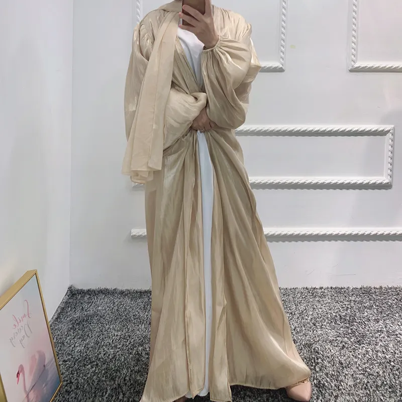 Mode manches bouffantes cardigan islamique longue robe abaya tissu de soie artificielle ouvert devant robe musulmane robe abaya