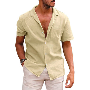 Camicia estiva Casual da <span class=keywords><strong>uomo</strong></span> in cotone e <span class=keywords><strong>lino</strong></span> a maniche corte con bottone singolo Anti-Pilling <span class=keywords><strong>abbigliamento</strong></span> di colore puro per Amazon EBay - Product Image 3