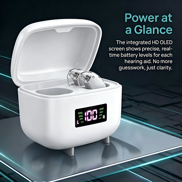 Rechargeable Behind-The-Ear Hearing Aid with Smart LED Display and All-Day Battery Support