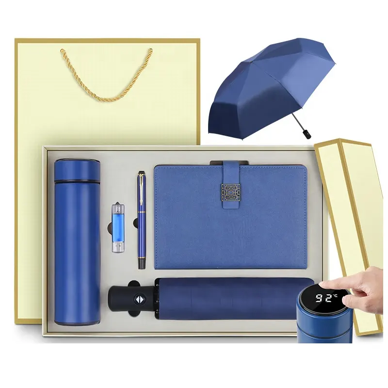 Yüksek kalite 5 in 1 otomatik şemsiye seti iş hediye seti ile led termos şişesi notebook hediye seti ile flash sürücü ve kalem