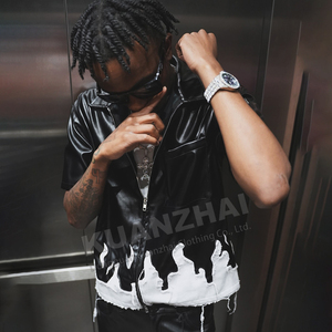 Produttore di Streetwear logo personalizzato estivo con Zip <span class=keywords><strong>giacca</strong></span> da lavoro con toppa ricamata camicie in <span class=keywords><strong>pelle</strong></span> squadrata da uomo - Product Image 5
