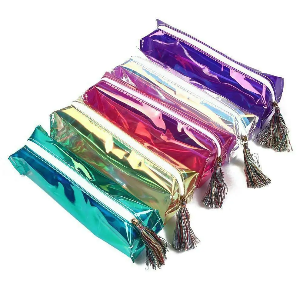 Glitter Clear Tassel Flash Stationery Laser Transparent Holographic Cosmetic Zipper Bag Make Up Pouch Pen Pencil Case