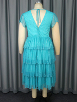Robe décontractée mi-longue pour femme, grande taille, col en V, manches courtes, bleu lac, taille haute, coupe trapèze, à paillettes scintillantes, style robe à volants, AM050424