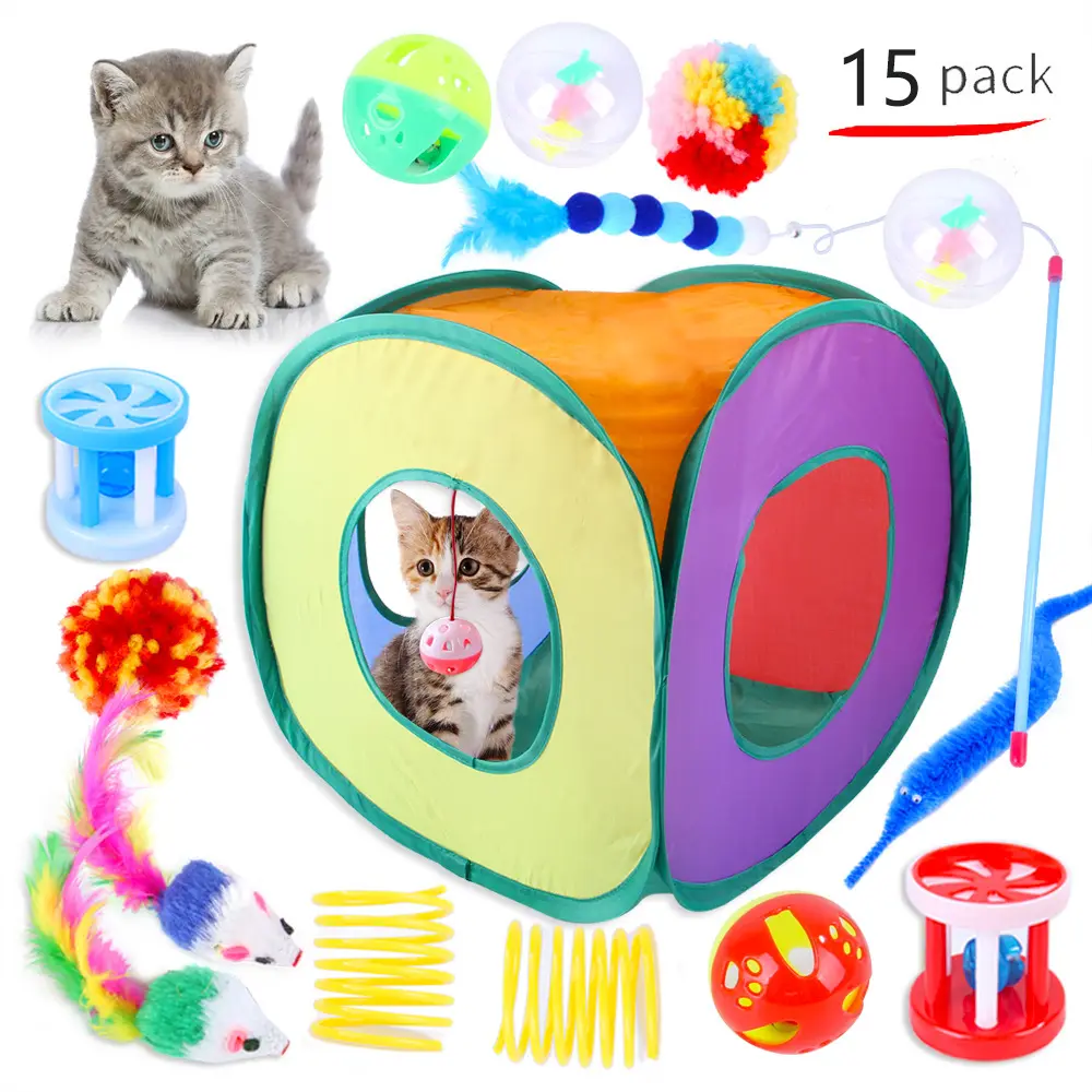 15 pcs बिल्ली खिलौने मिश्रित सेट टिकाऊ इंटरैक्टिव बिल्ली छड़ी माउस वसंत बिल्ली सुरंग गेंद बिल्ली का बच्चा खिलौना के लिए इनडोर, आउटडोर