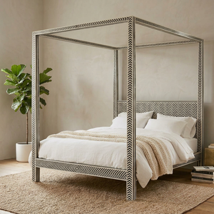 Moderna Cama con Dosel de Madera Tamaño King con Patrón Decorativo Tallado a Mano, Muebles para Dormitorio - Product Image 1