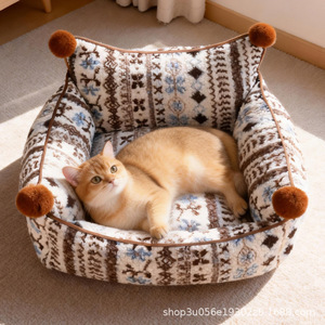 Dog bed with fur balls, <b>pet</b> <b>sofa</b>, cat bed, winter warm, removable and washable, suitable for all seasons, Fair Isle dog bed - Product Image 1