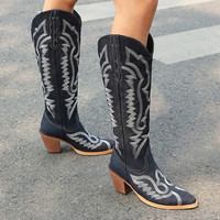 Bottes de cowboy rétro pour femmes en denim, bottes d'équitation en cuir montantes, talon en bois, broderie, chaussures décontractées pour la marche