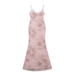 Schouderband Roze Kleur Bloemenprint Hot Sale Casual Mode Dames Lange Slip Dress