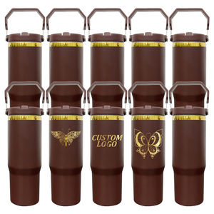 Tumbler Isolato Sottovuoto in Acciaio Inox a Doppia Parete con Manico e Cannuccia Ribaltabile, Placcato Oro a Specchio, 30oz, Magazzino USA - Product Image 1