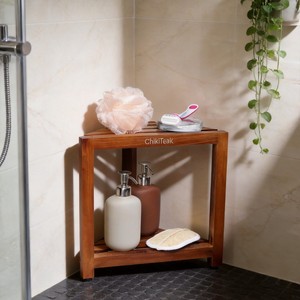 Teak Triangular Bathroom <b>Storage</b> Stool Double Layer Corner Shelf For Shower And <b>Bath</b> Use Amber Color - Product Image 2