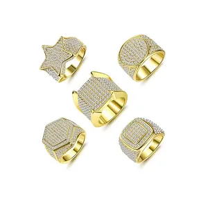 Duyizhao 14K Gold Plated Pinky Ring For Men Classic Iced Out Alloy Full Rhinestone Hip Hop Ring Jewelry For Gift