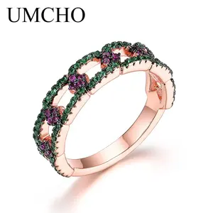 Women's 925 Sterling Silver round Ring with Rose Gold Plated Colorful Gemstone for Wedding Finger Jewelry